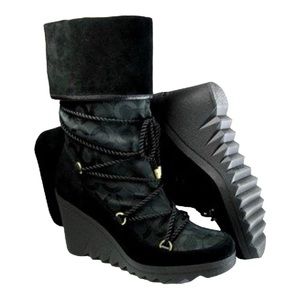 COACH Black Maisy Signature C logo Mid Wedge Boots Size 9